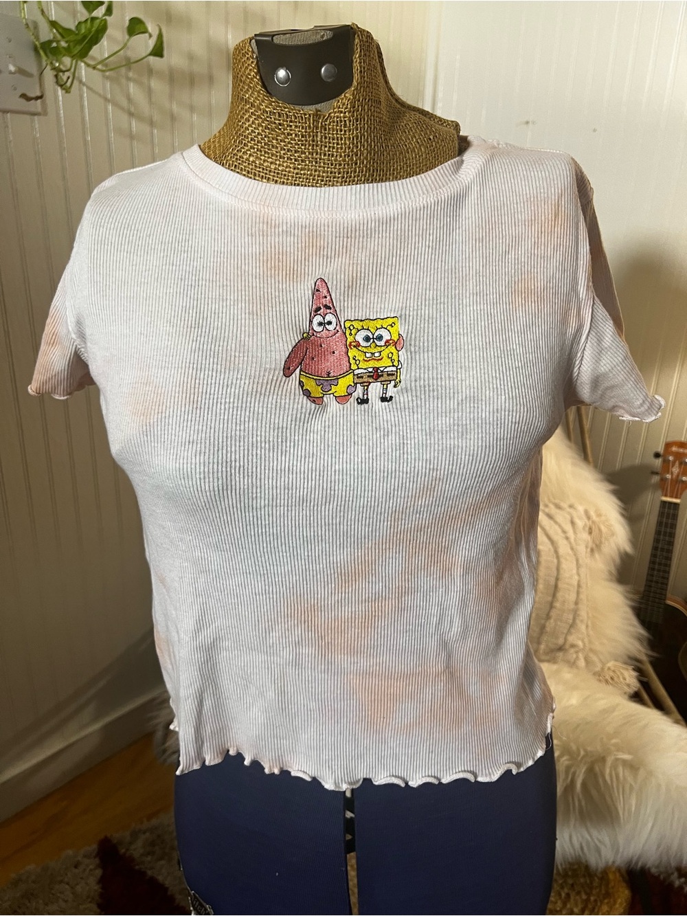 Women’s cropped embroidered SpongeBob & Patrick White Tie-Dye Ribbed Tee